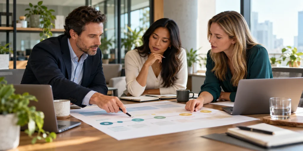 Three colleagues reviewing a shared customer journey map, illustrating coordinated work from first contact through adoption and renewal.
