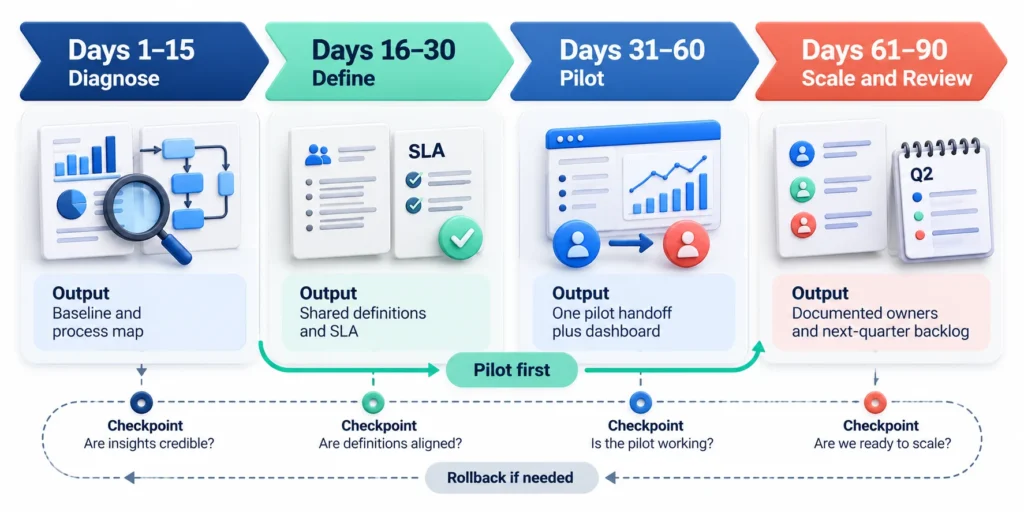Ninety-day RevOps rollout diagram showing diagnosis, shared definitions, a focused pilot, measurement, and a decision to scale or revise.
