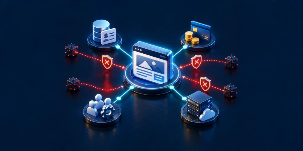 Business-centered WordPress security map linking customer, payment, data, and hosting services with their risk paths.