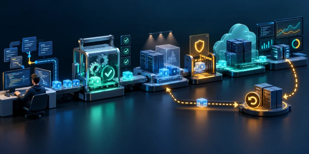 SaaS release pipeline with quality checks, controlled deployment, monitoring, and rollback path.