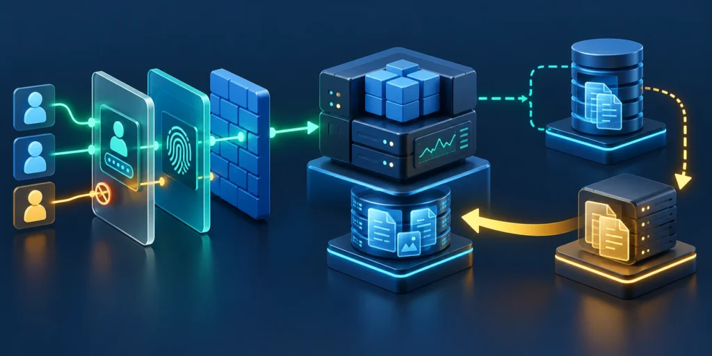 Infographic showing security, reliability, and recovery controls across a software delivery pipeline.