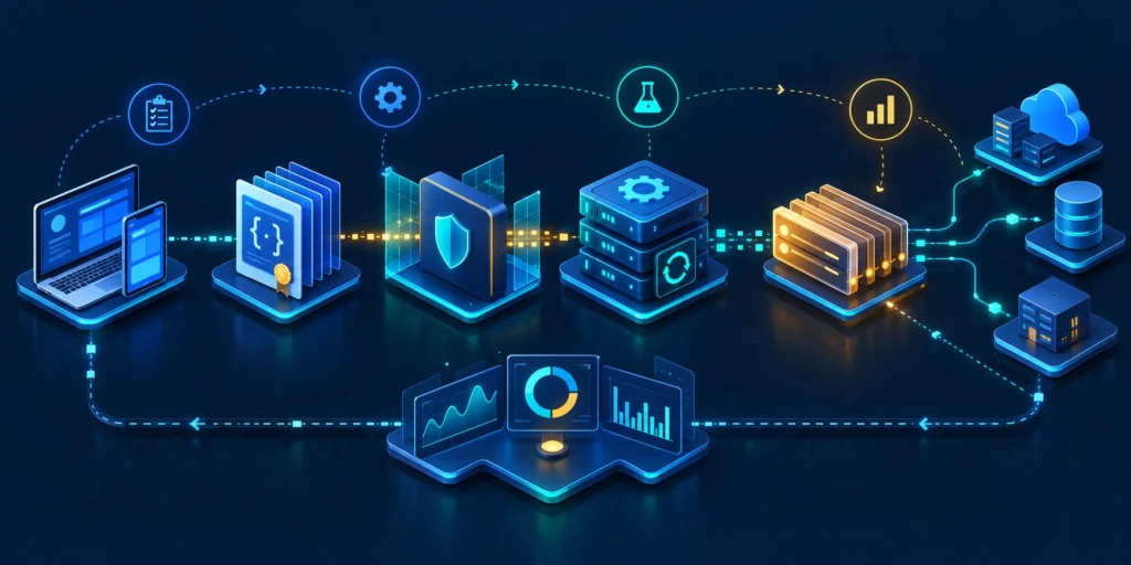 An end-to-end API integration connects a documented contract to a gateway, queue, monitoring, and partner systems.