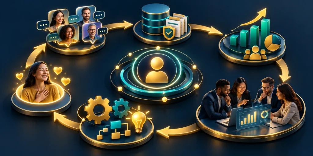 CRM improvement cycle connecting customer feedback, trusted data, and performance measures.