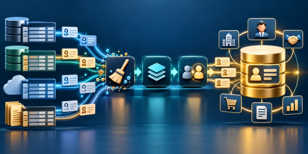 CRM data migration flow cleaning, mapping, deduplicating, and loading customer records.