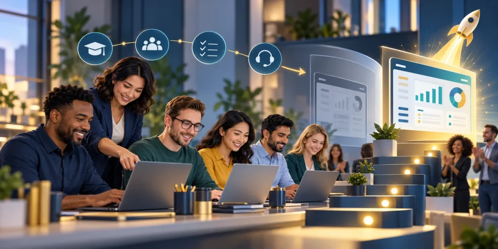 CRM rollout with staged testing, user training, adoption support, and feedback.