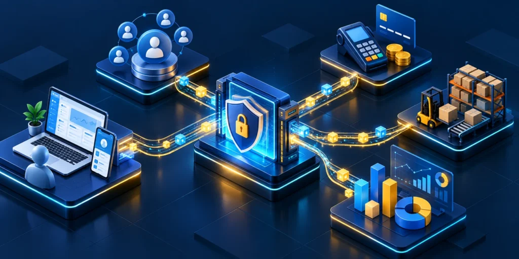 A security gateway with authentication shields connects client applications, payment processing, warehouse, and analytics services.