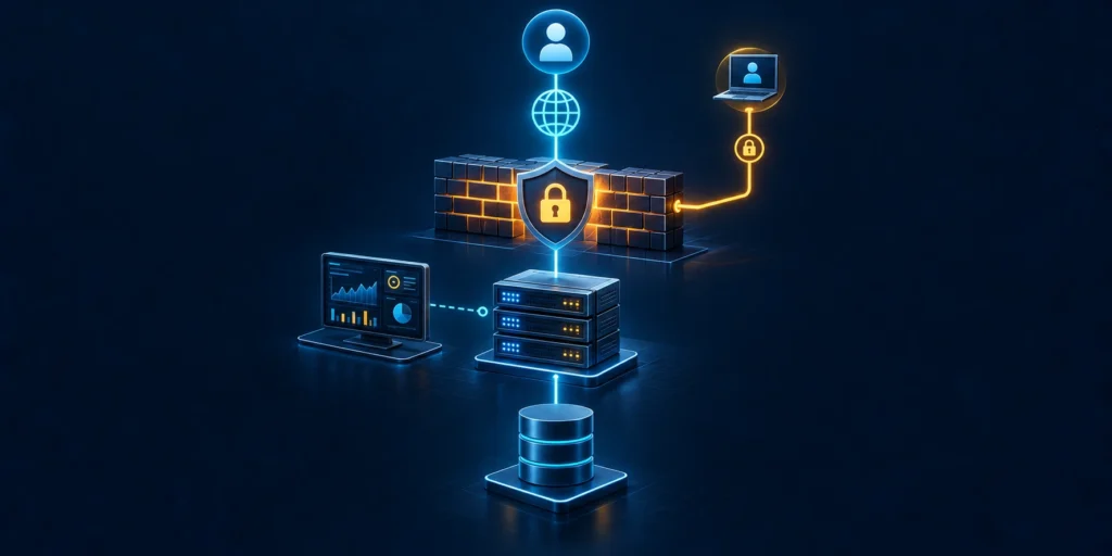 WordPress infrastructure diagram showing hosting, network, web application, and access controls.