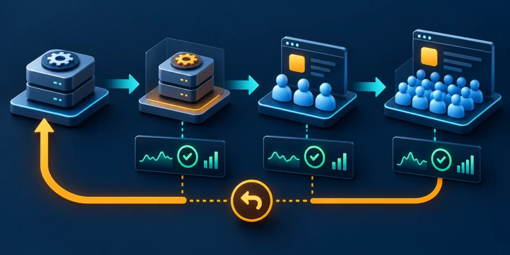 Infographic showing a staged software release from pilot to rollout with feedback loops.