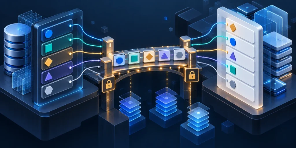 Two system schemas connect through a field-mapping bridge that preserves identifiers and compatibility rules.