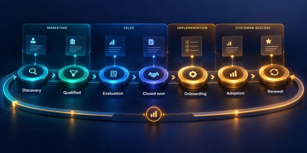 Revenue lifecycle diagram showing discovery, qualification, sales evaluation, onboarding, adoption, renewal, and feedback between marketing, sales, implementation, and customer success.