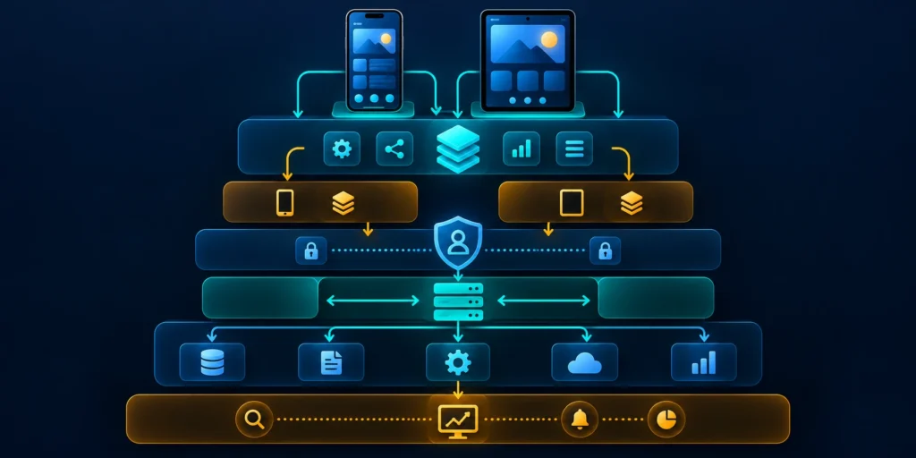 Layered mobile architecture diagram showing shared application logic, platform adapters, APIs, security, data, and monitoring.