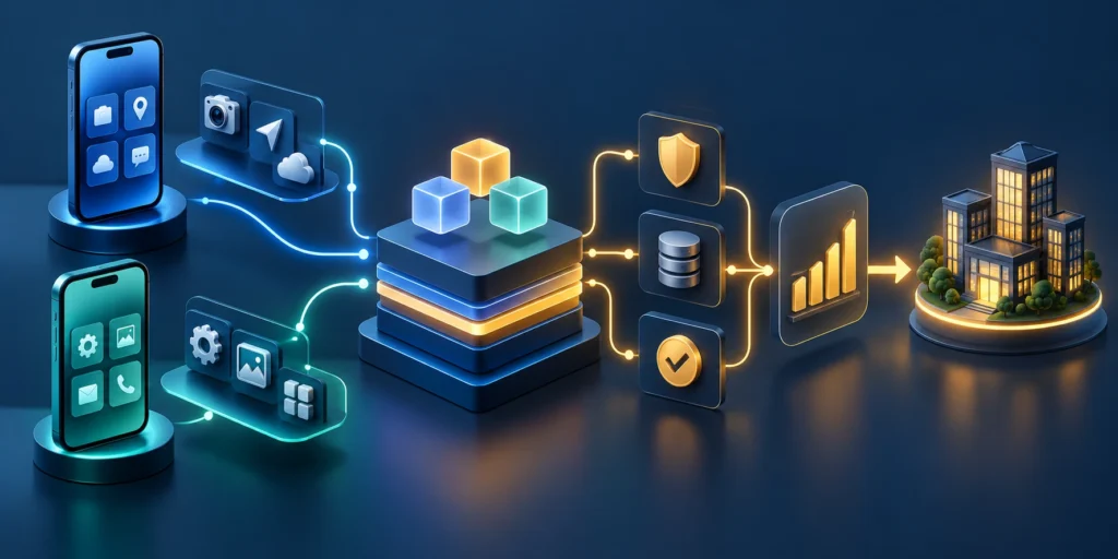 Mobile product architecture illustration connecting user experience, platform-specific capabilities, secure services, and measurable value.