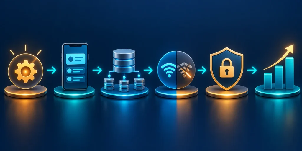 Product discovery diagram connecting user needs, mobile workflows, integrations, and measurable outcomes.