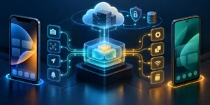 Illustration of enterprise cross-platform mobile apps, shared services, and secure data flows.