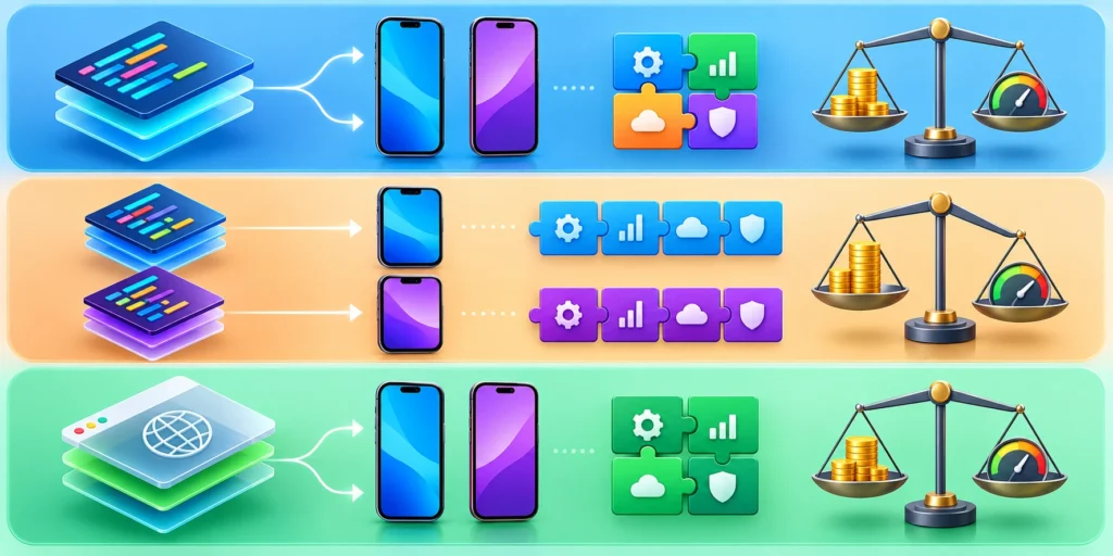Comparison of shared cross-platform code, native app development, and hybrid approaches.