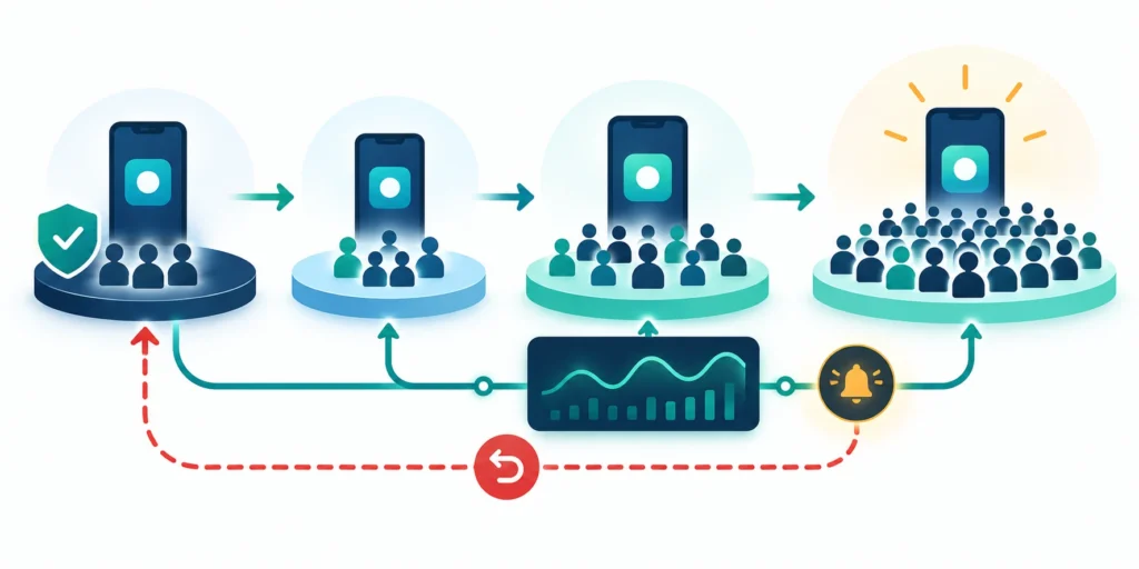 Staged mobile launch diagram showing internal testing, pilot users, store release, monitoring, and feedback.