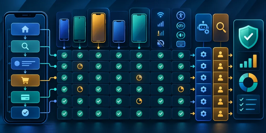 Mobile quality diagram showing testing across devices, accessibility, security, reliability, and release checks.