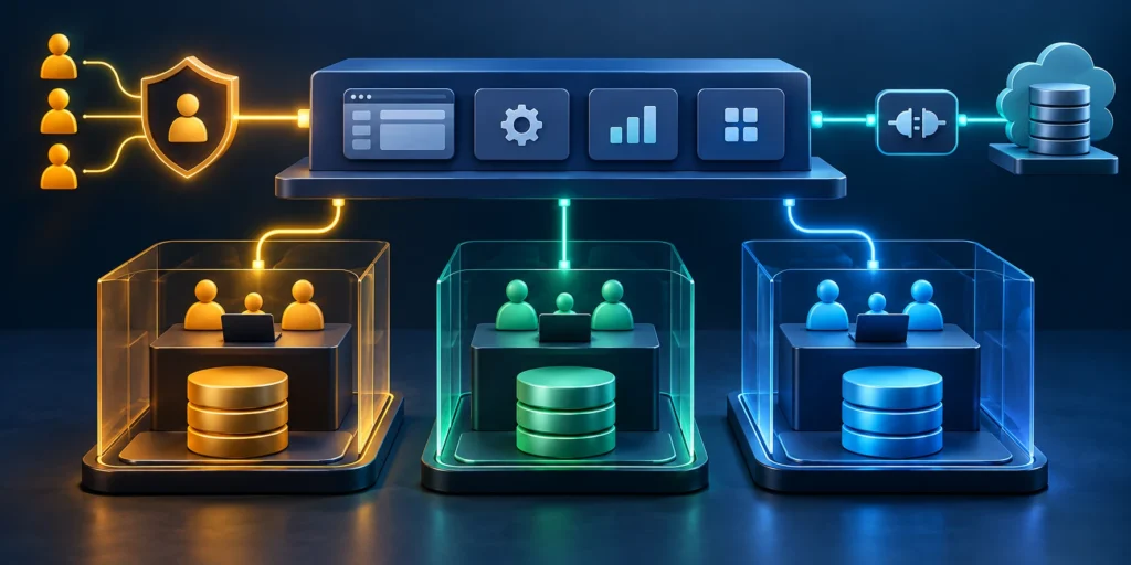 Infographic showing tenant boundaries, data ownership, and integrations in a B2B application.
