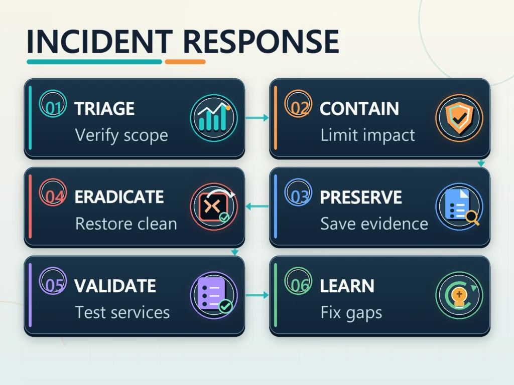 Incident response infographic showing triage, containment, evidence preservation, recovery, validation, and lessons learned.