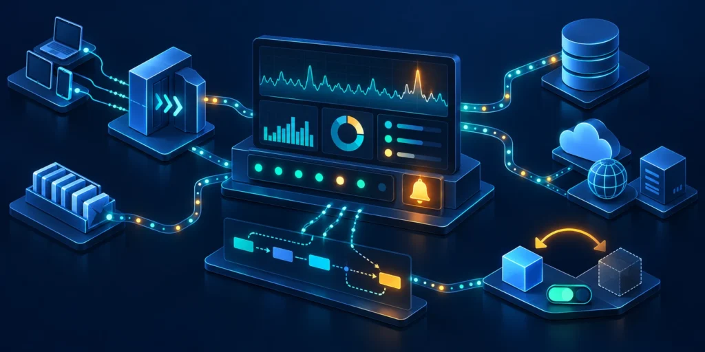 An API monitoring dashboard tracks latency, errors, queue status, and alerts across connected services.