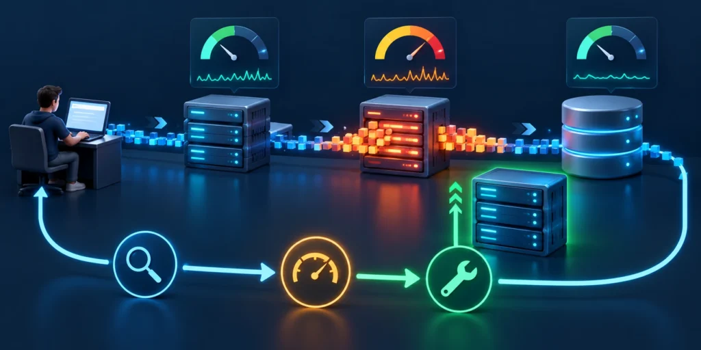 Infographic showing a measurement-led scaling process that identifies and removes bottlenecks.