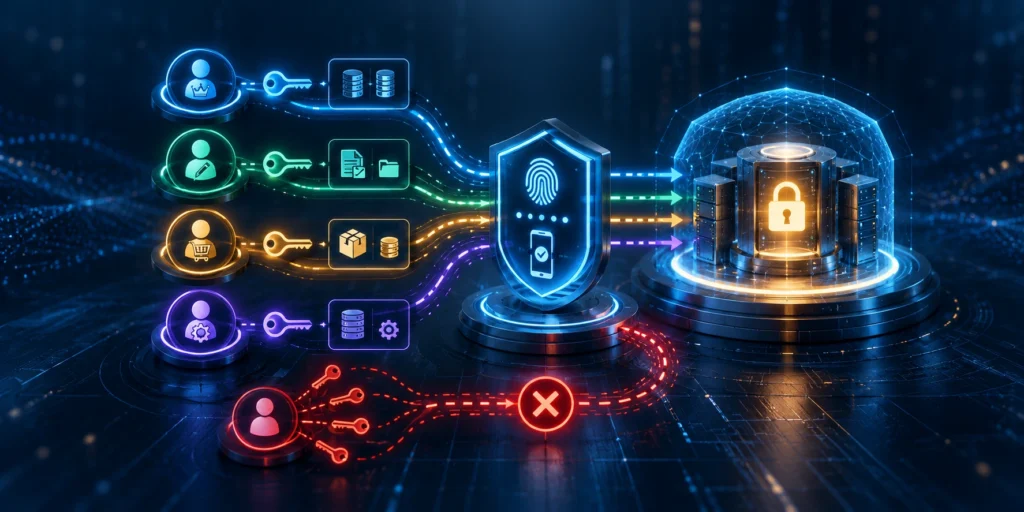 Identity and access-control diagram showing multifactor authentication, least privilege, account lifecycle, and recovery.