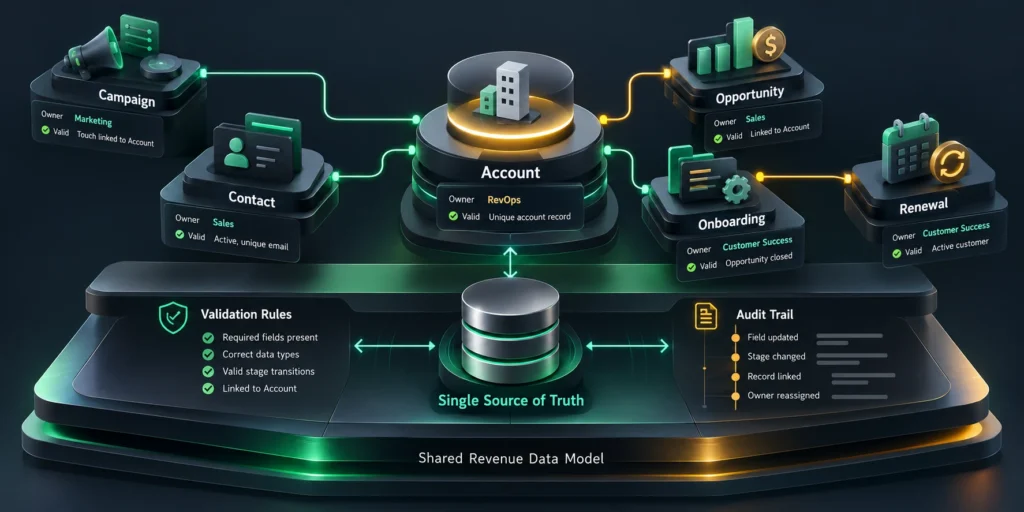 Revenue data governance diagram linking shared metric definitions, CRM source records, accountable owners, validation rules, and an audit trail.