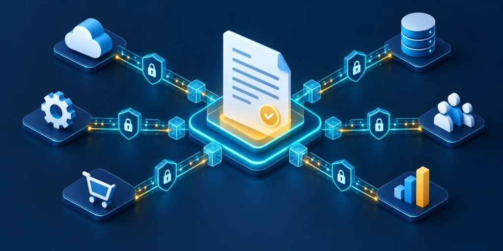 An API contract document connects teams and services through shared resource definitions, fields, and behavior.