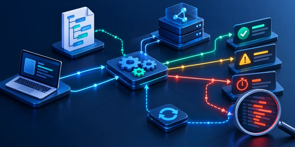 An API test workflow checks a contract, successful responses, validation errors, timeouts, and retries.